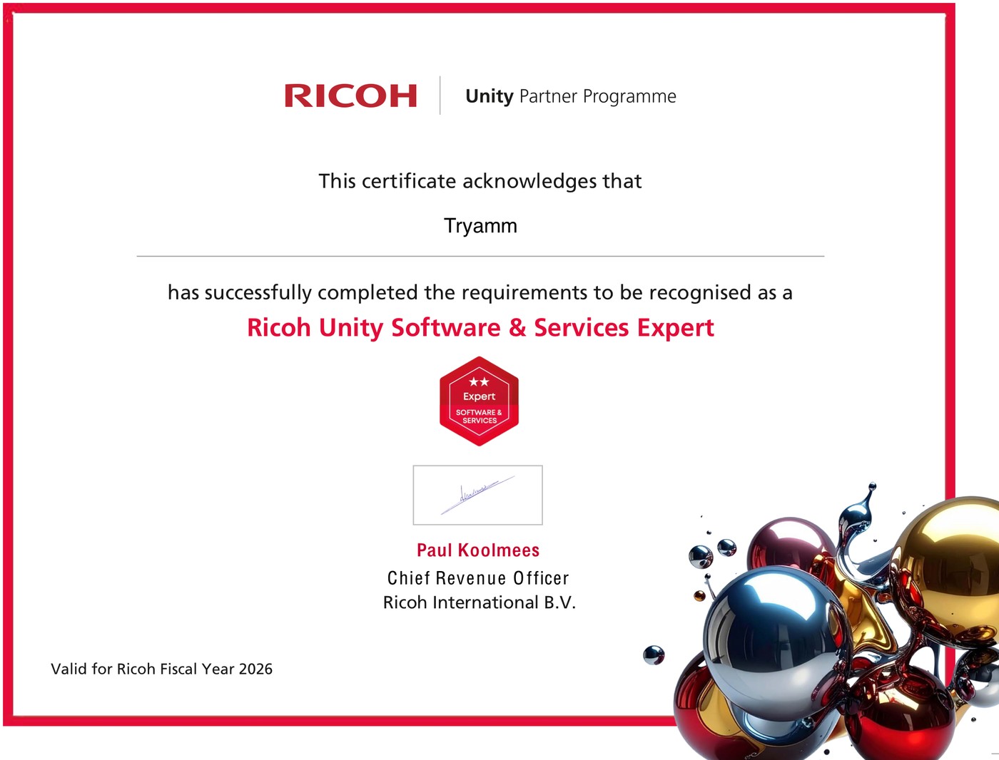 Certificat Ricoh Unity Software & Services Expert acordat Tryamm, valabil pentru anul fiscal Ricoh 2026