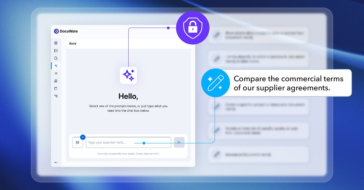 Asistentul DocuWare Aura, deschis în noul web client, cu o întrebare despre termenii comerciali din contractele cu furnizorii